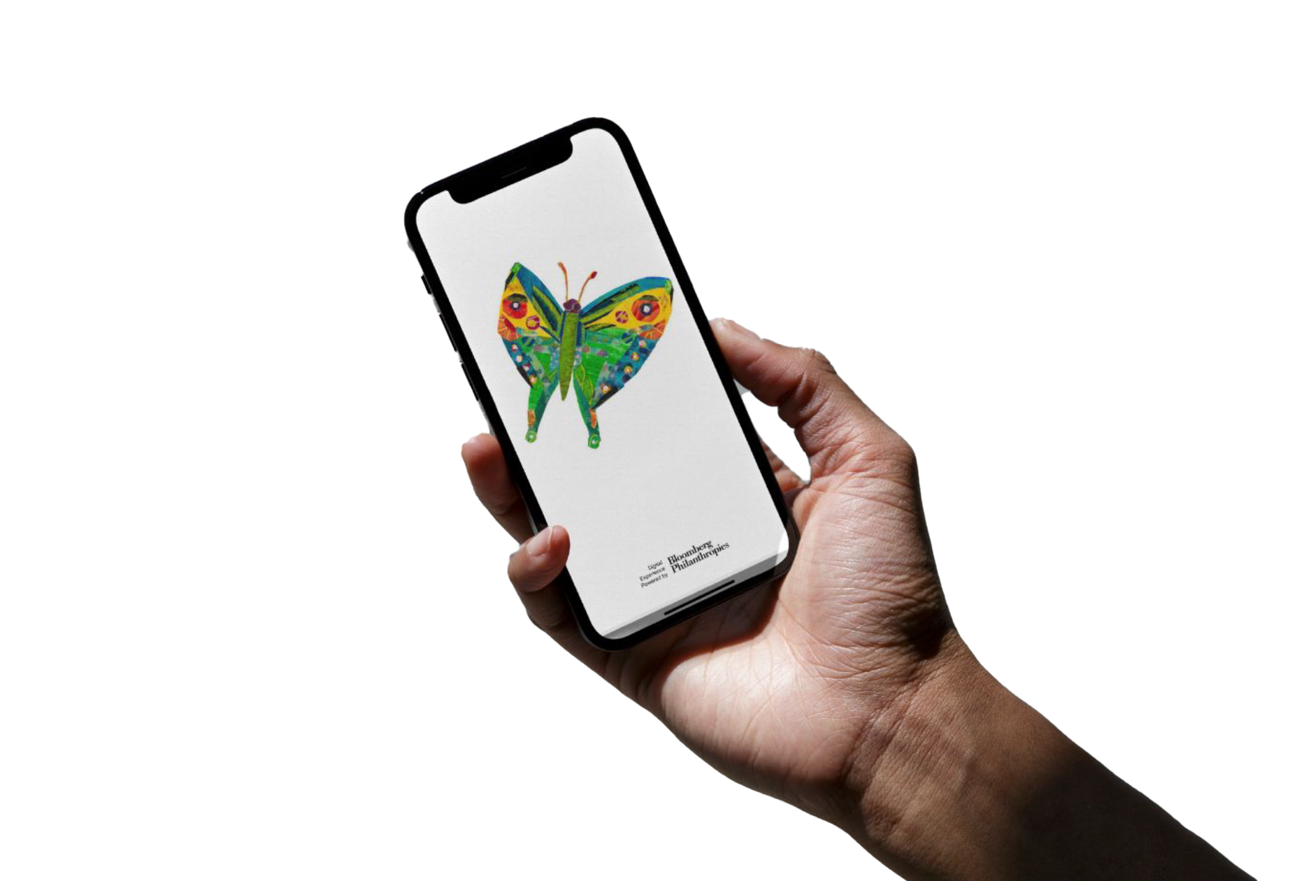 hand holding phone with Eric Carle butterfly on screen