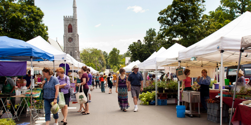 Amherst Farmer's Market with multiple tents and people walking about.
