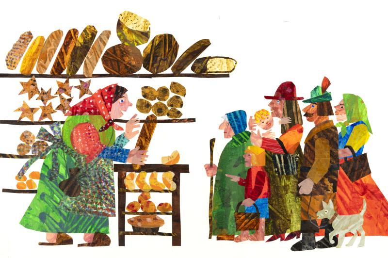 Illustration of bakery with customers.