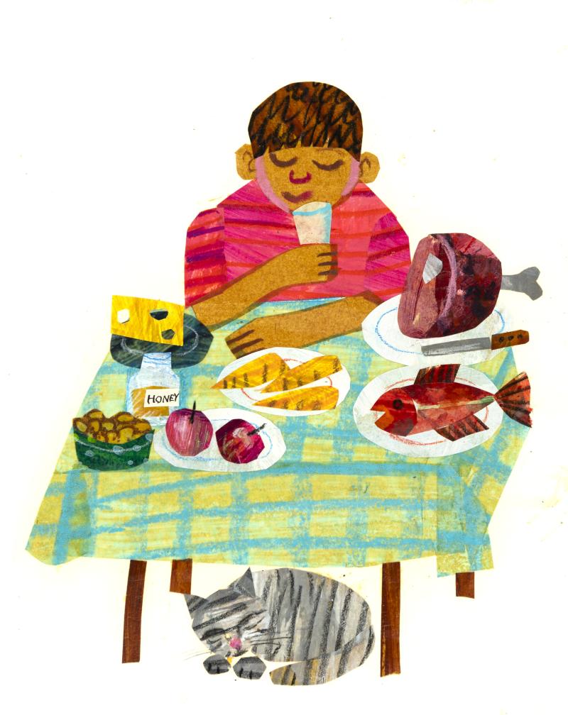 Illustration of boy eating at table with cat.