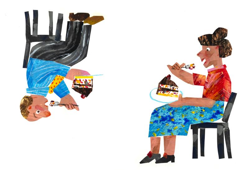 Illustration of two people eating cake.