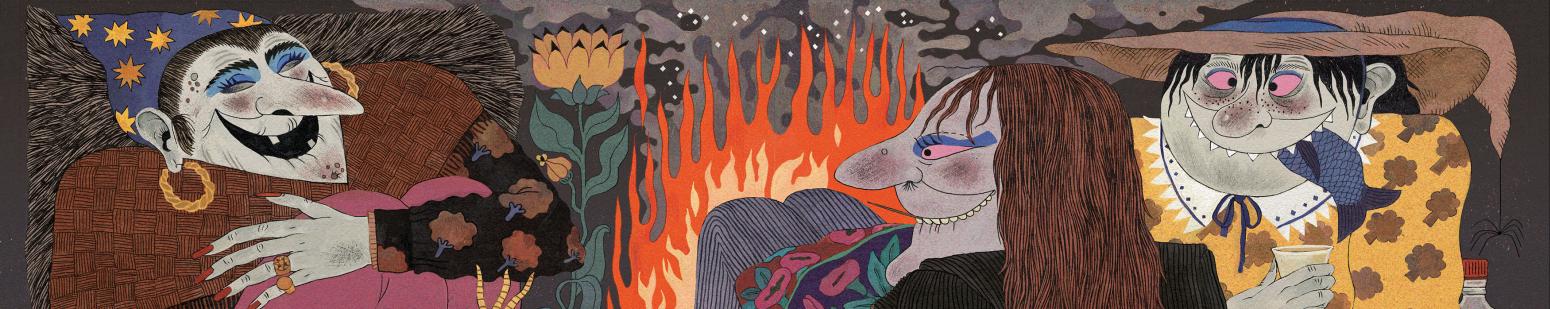 Illustration of witches in cave.