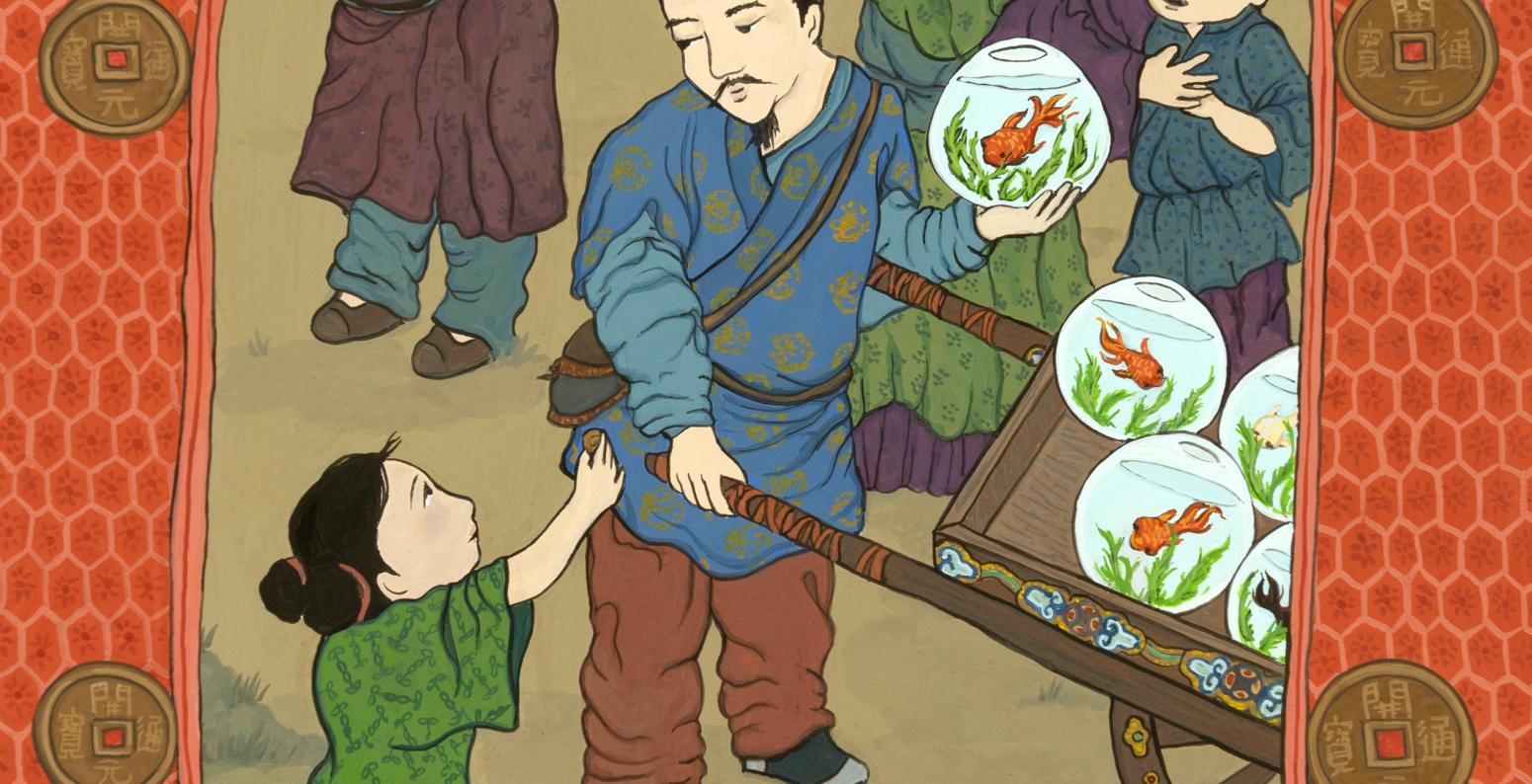 Illustration of man holding cart.