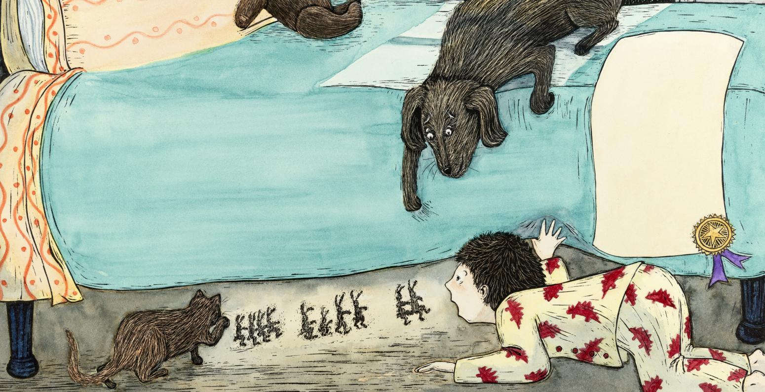 image of bed with boy looking under the bed at the mice below and dog peering down at the boy