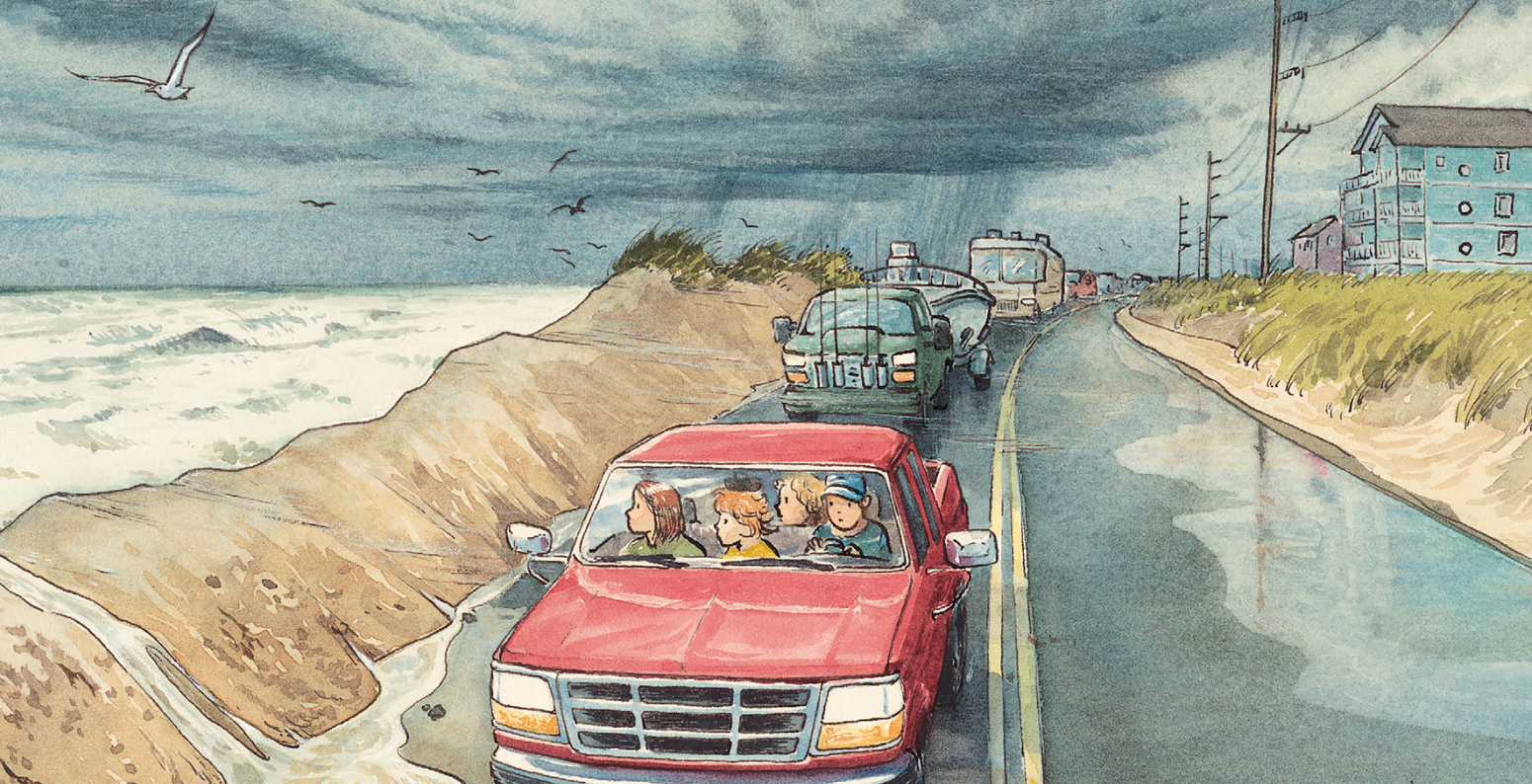 a family driving away from a hurricane