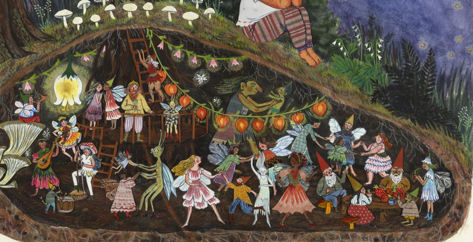 Artwork featuring faries and other magical creatures dancing underground.