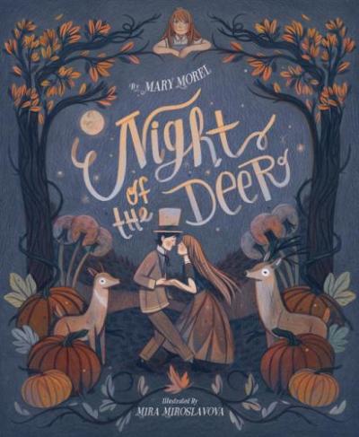 A couple in fancy dress dances in the light of the moon amid deer, pumpkins and fall trees.