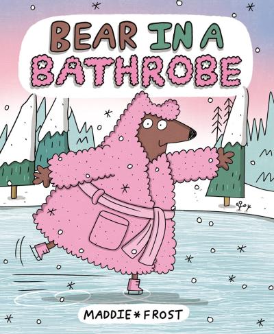 a brown bear in a pink bathrobe, ice skating