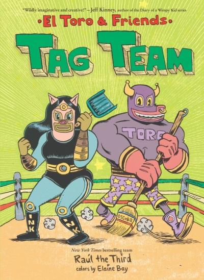 An illustration of pig and bull luchadores in a boxing ring.
