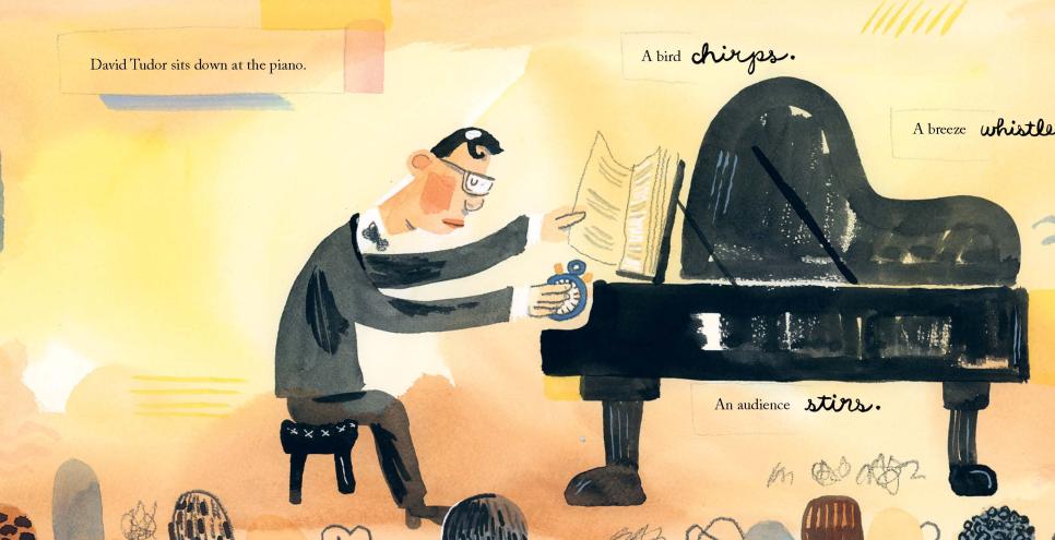 Musican sits at a piano, with hands raised over the keys. In one hand the musician holds a stopwatch.