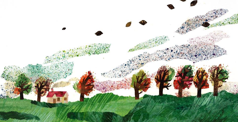 Illustration of seeds blowing in wind. 