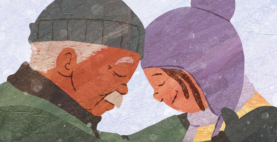 Book cover of two persons embracing in snow.