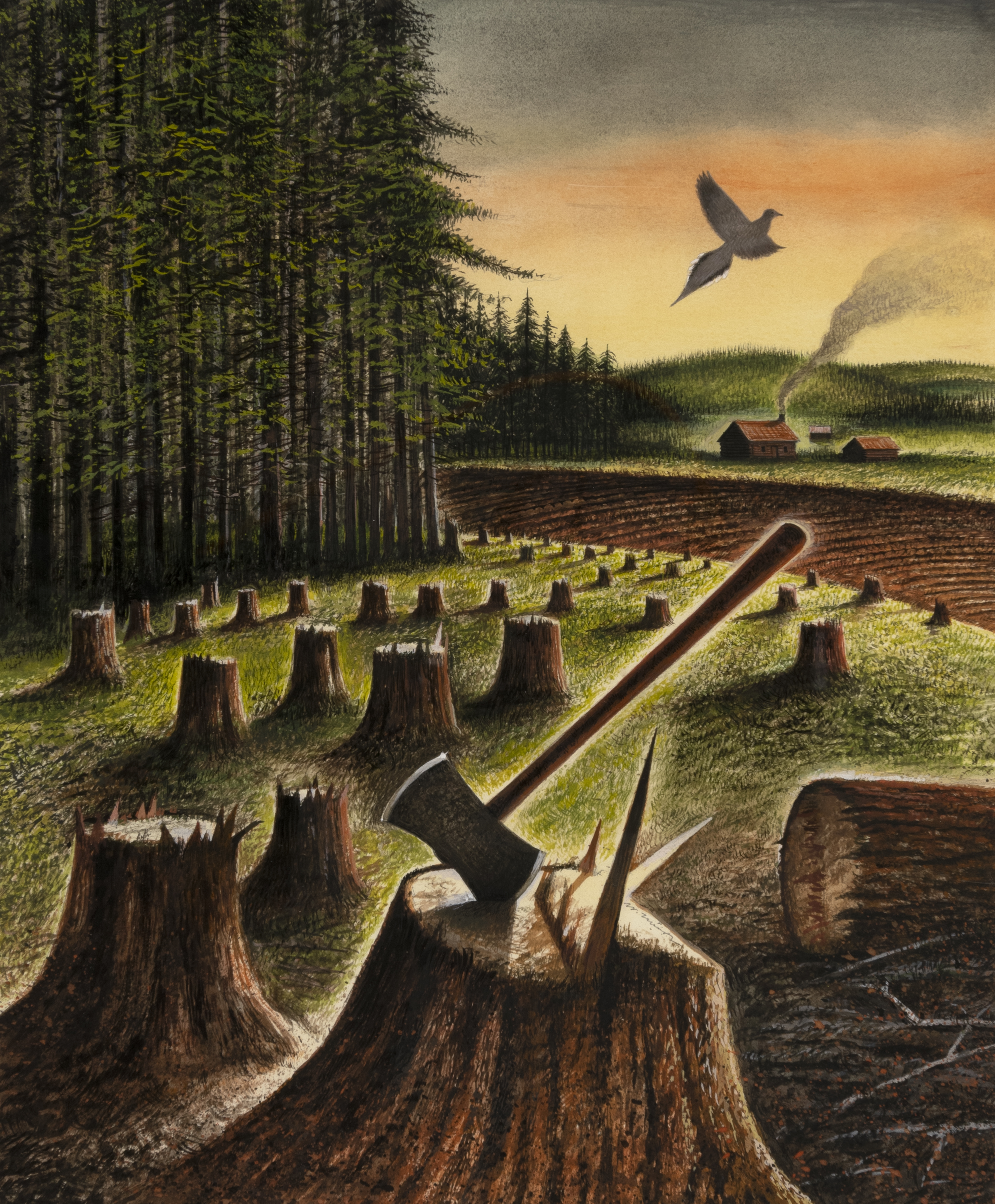 A landscape showing several tree stumps in the forgreground; one stump has a large shard of wood protruding from it, and an axe stuck in it. The background shows tall trees, and a bird flying away.