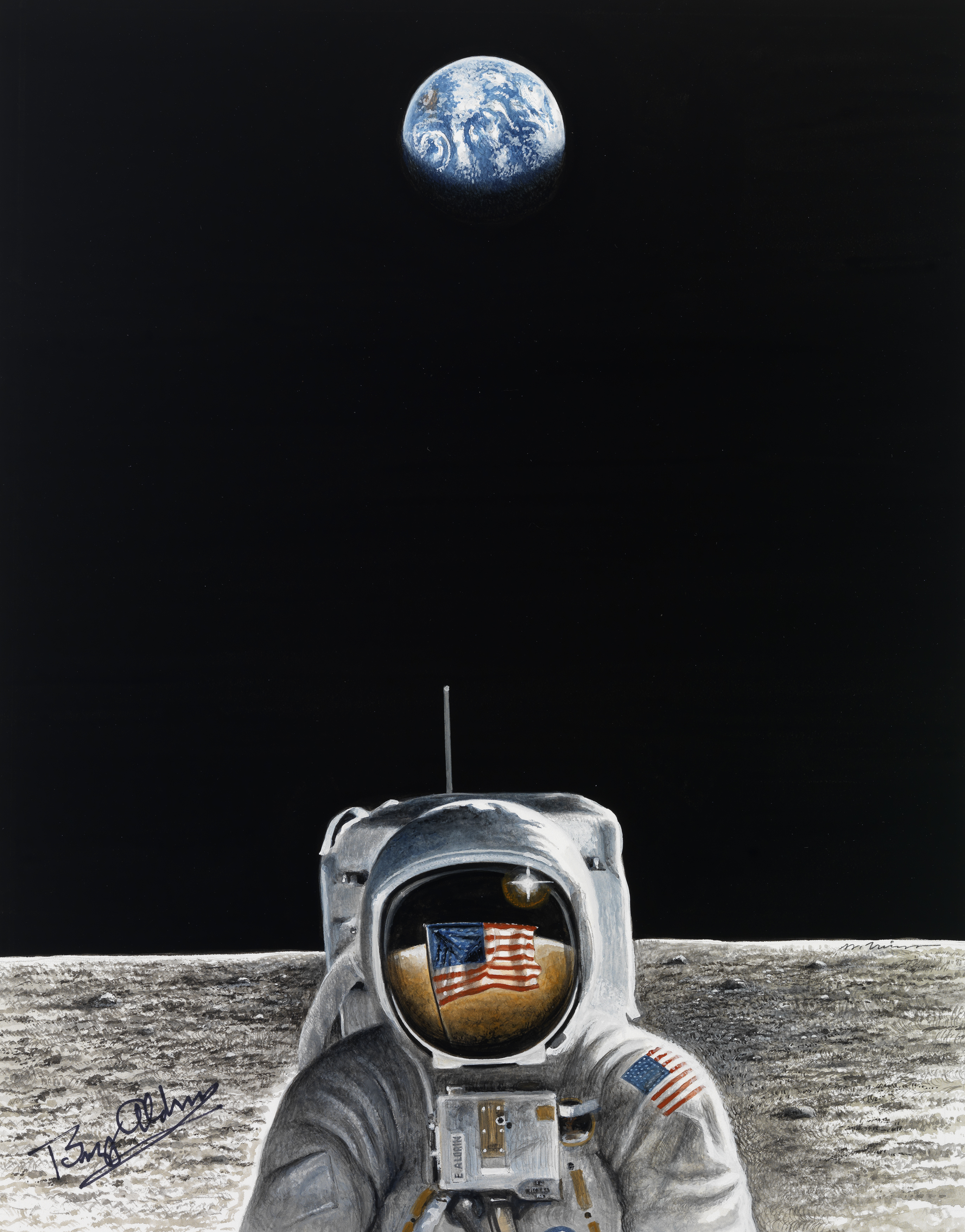 An astronaut stands on the moon with the American flag reflected in the astronaut's helmet. Earth is in the background.