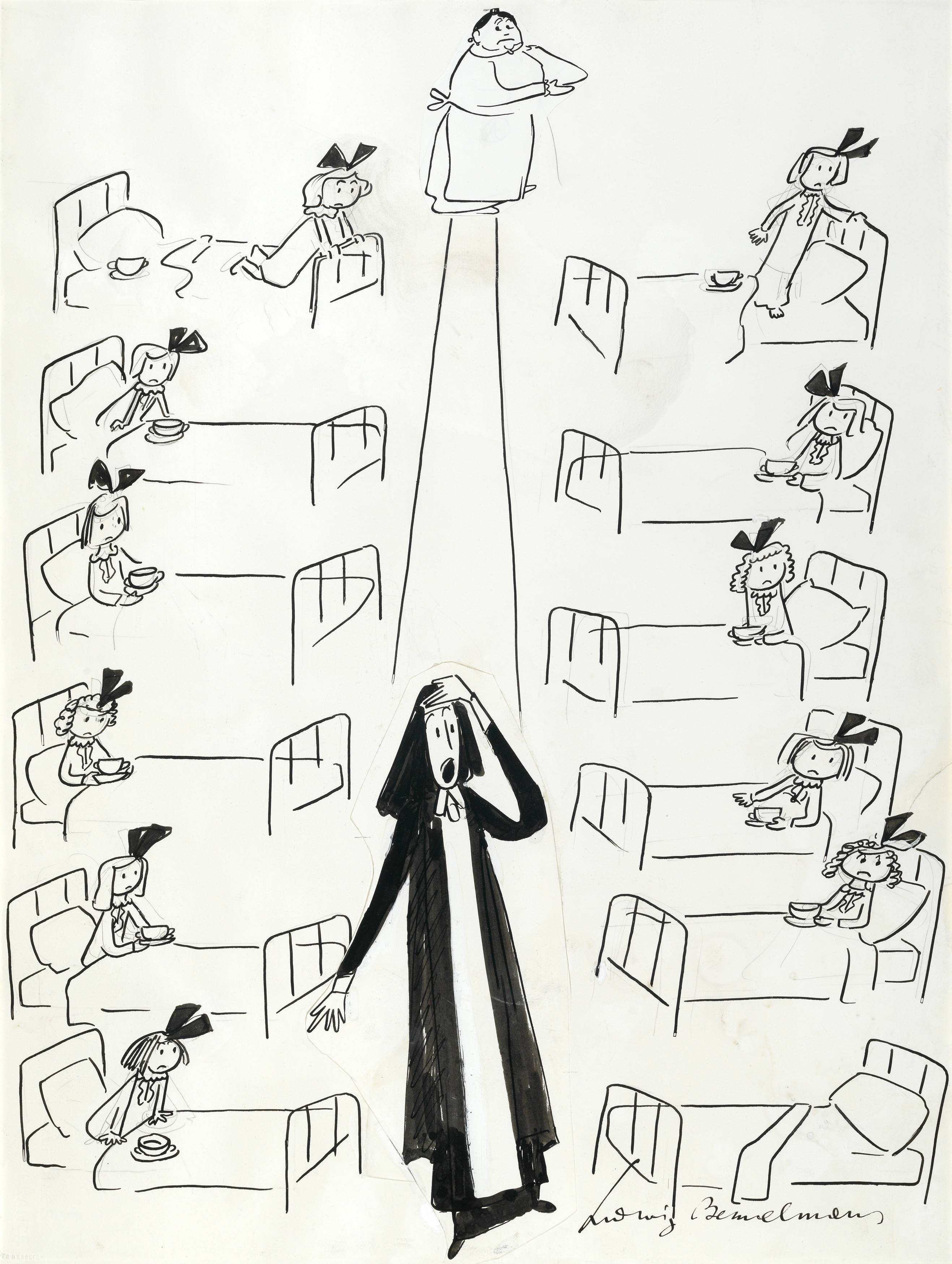 Illustration of nun looking looking distraught in front of row of beds. 