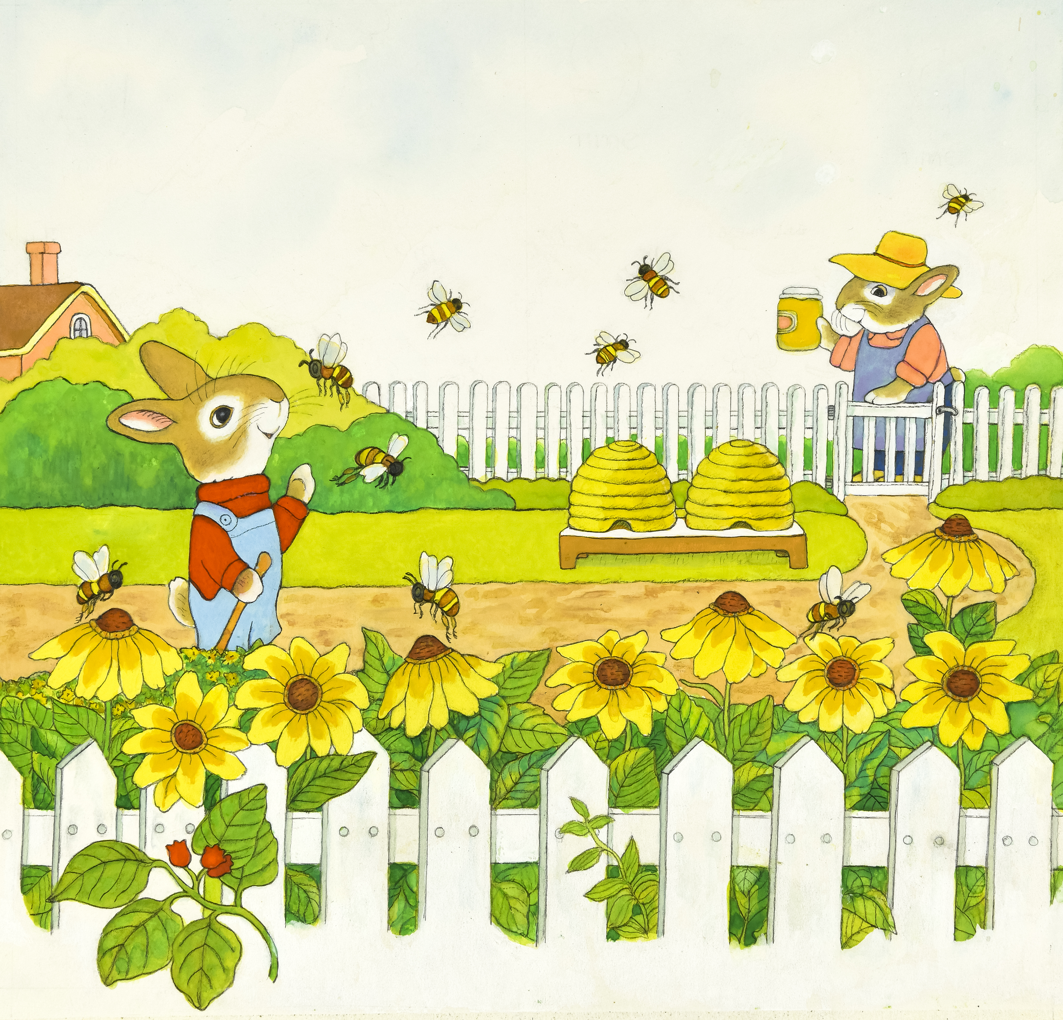 Illustration of rabbit with sunflowers and honey bees.