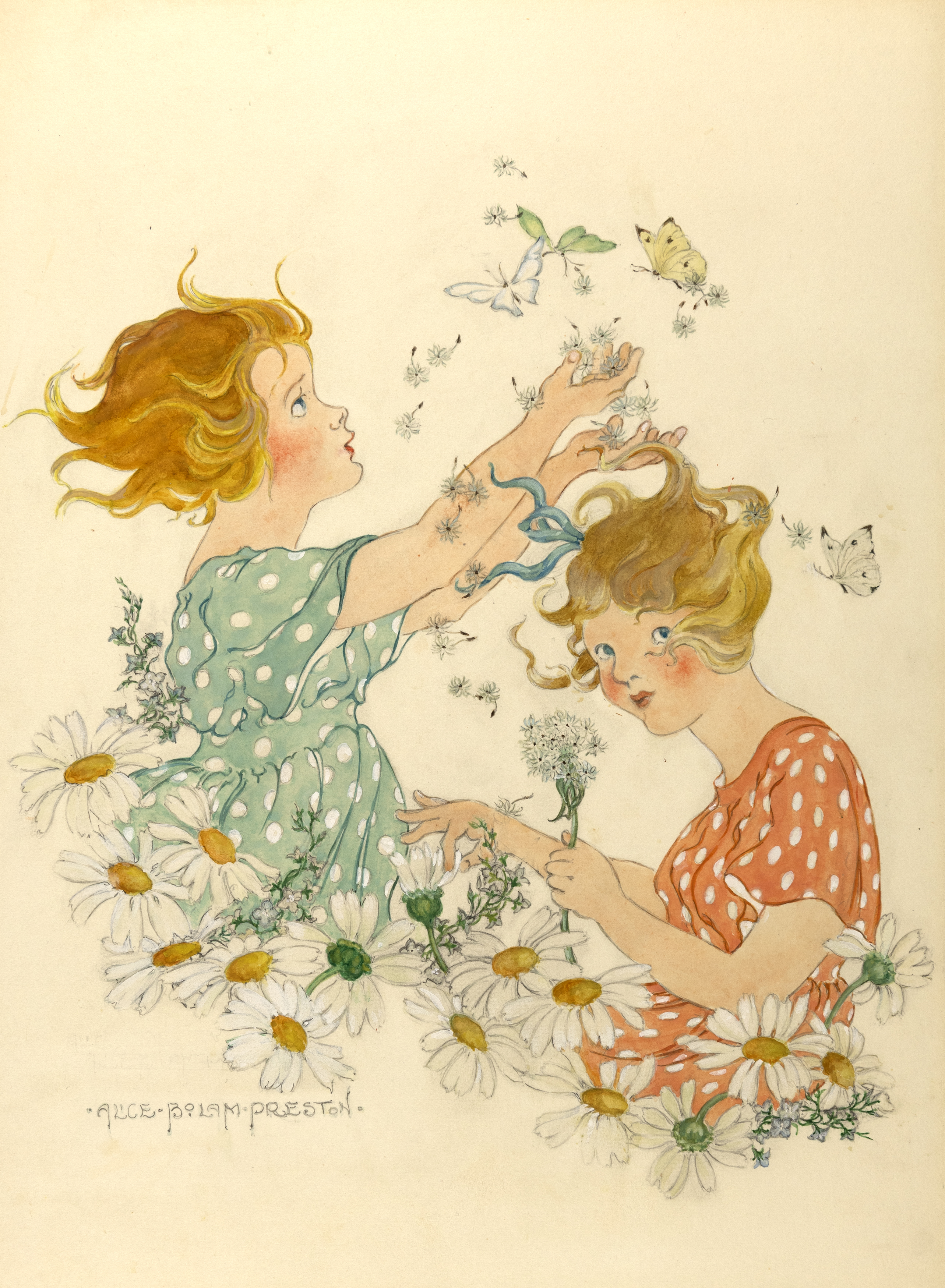 Illustration of two girls putting flowers in hair. 