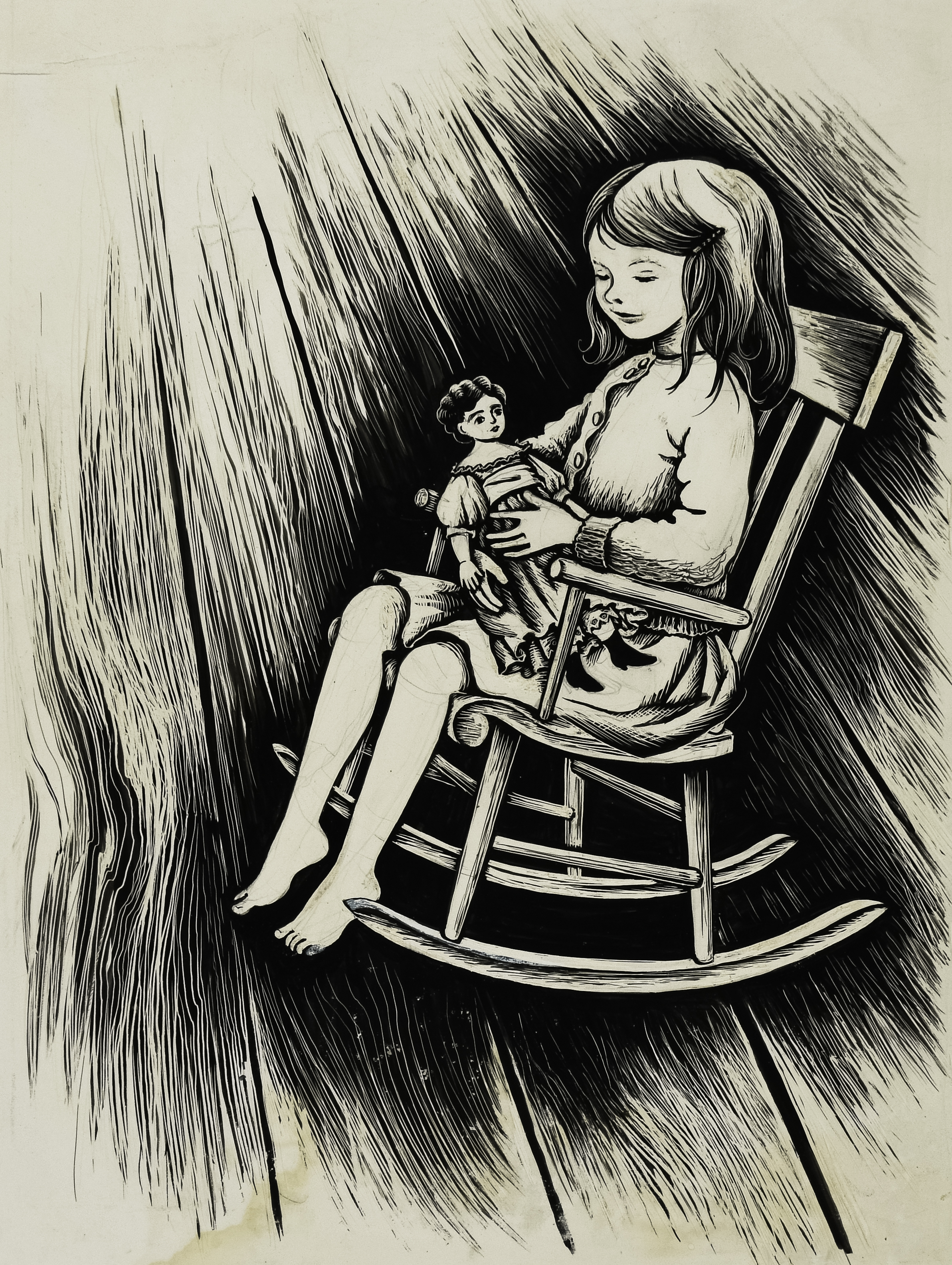 Illustration of girl with doll in rocking chair. 