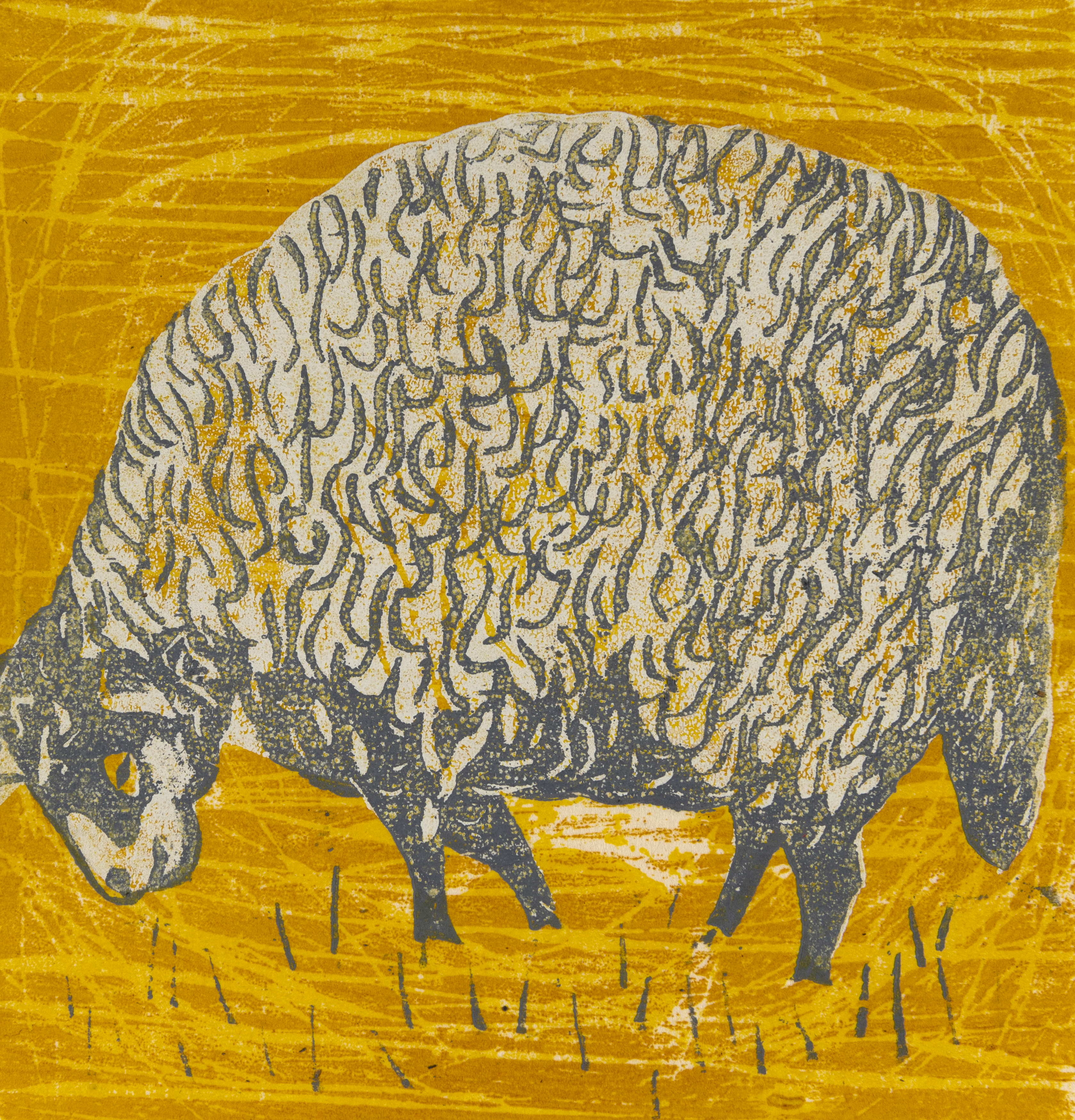 Woodcut of sheep in field. 