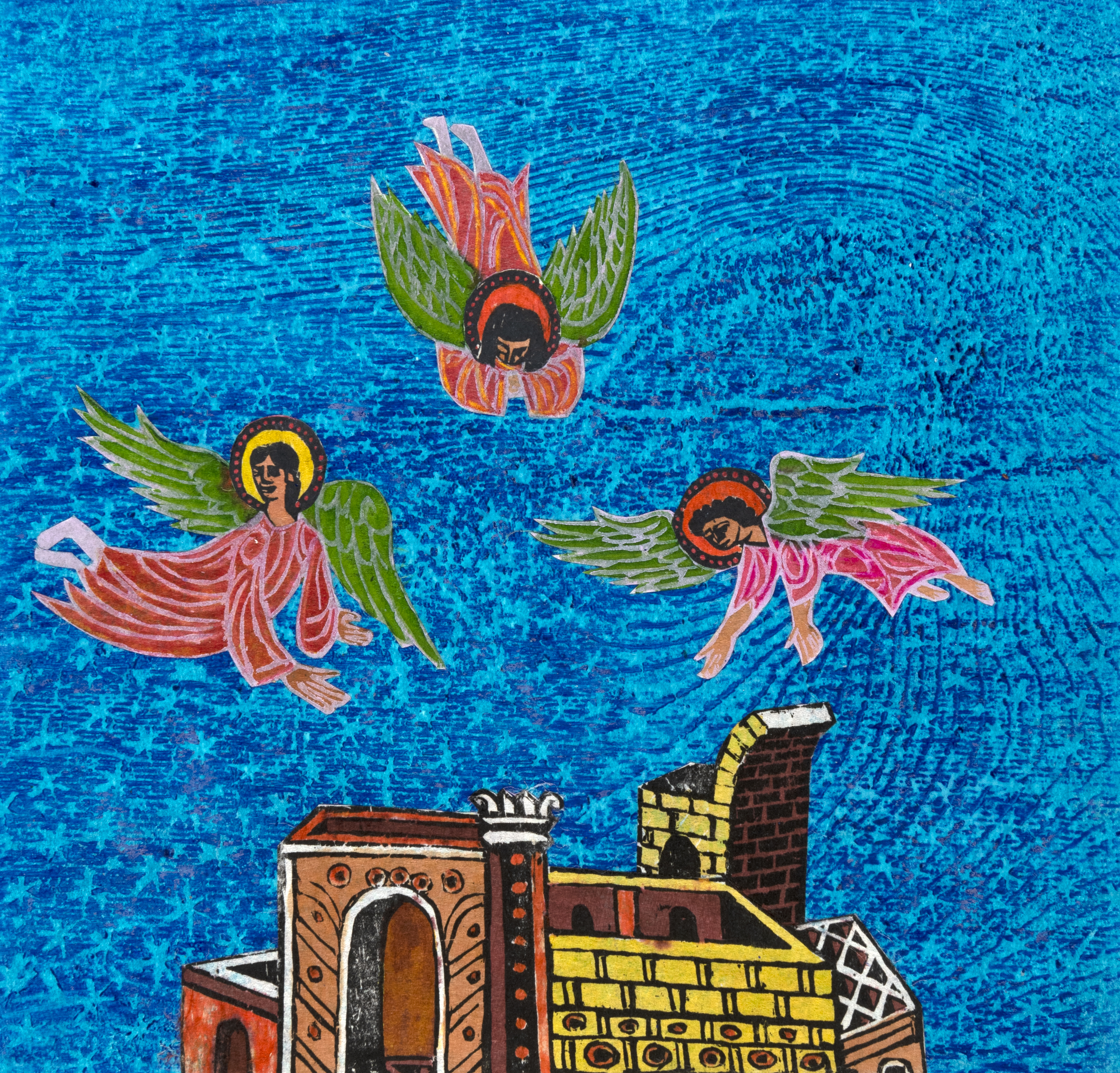 Illustration of angels flying over building.