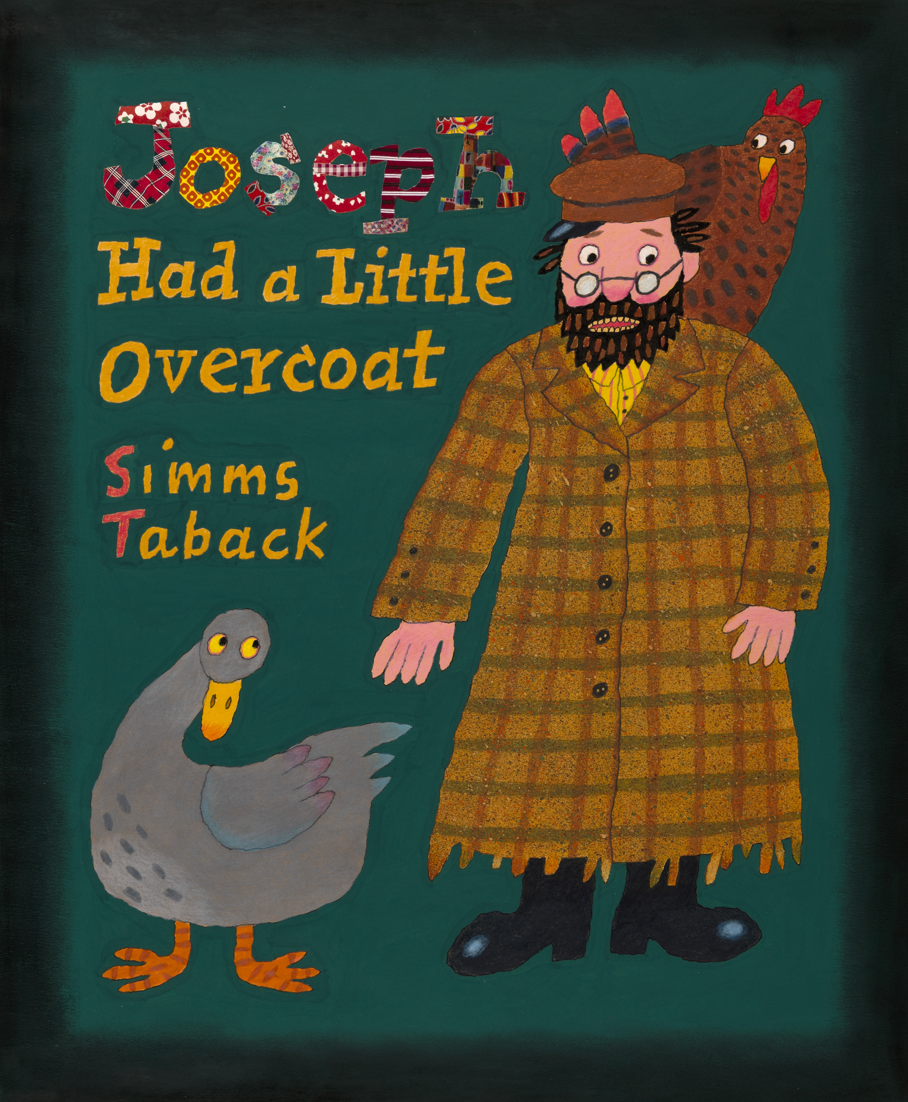 Illustration of man in overcoat with duck. 