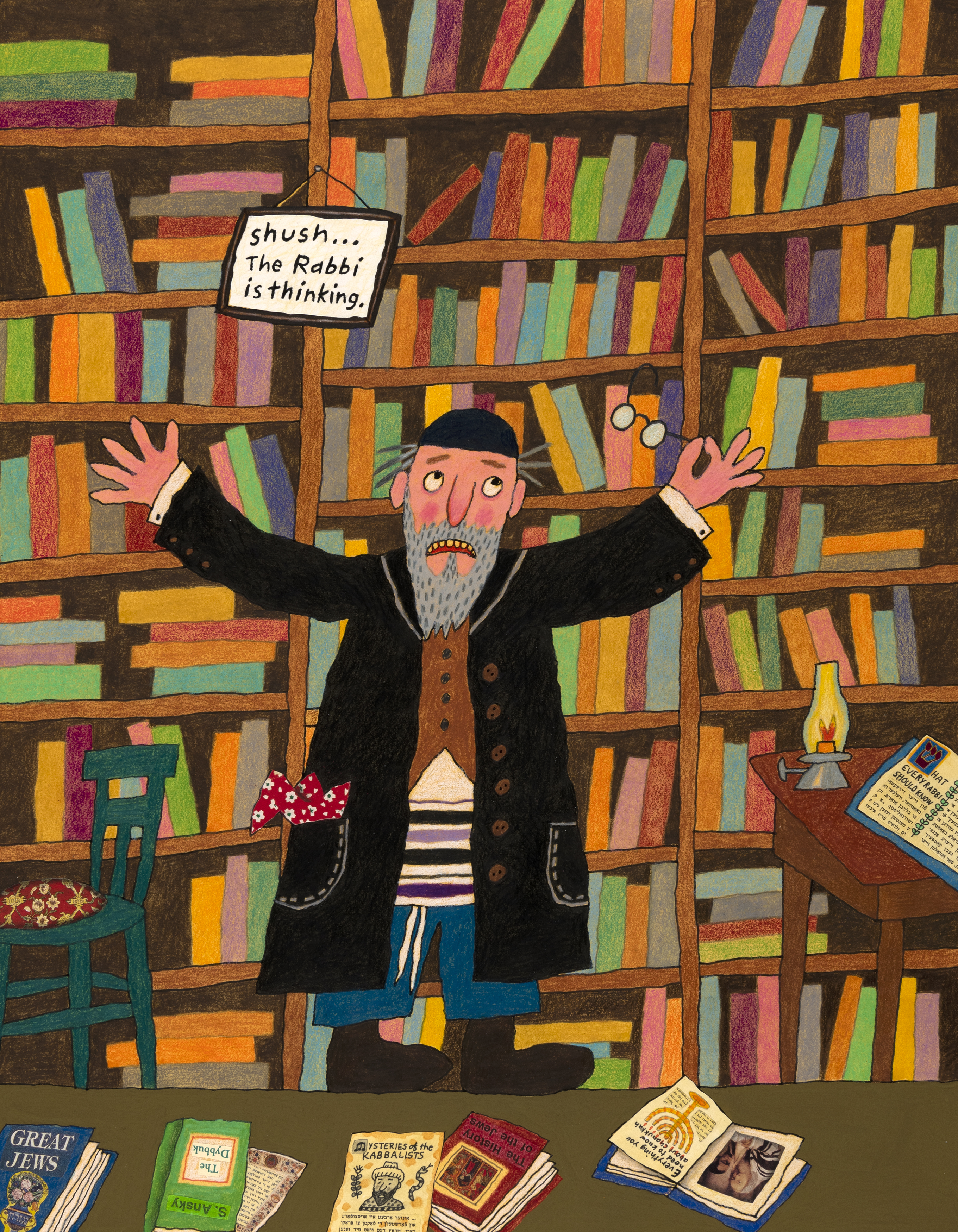 Illustration of rabbi in room full of books. 