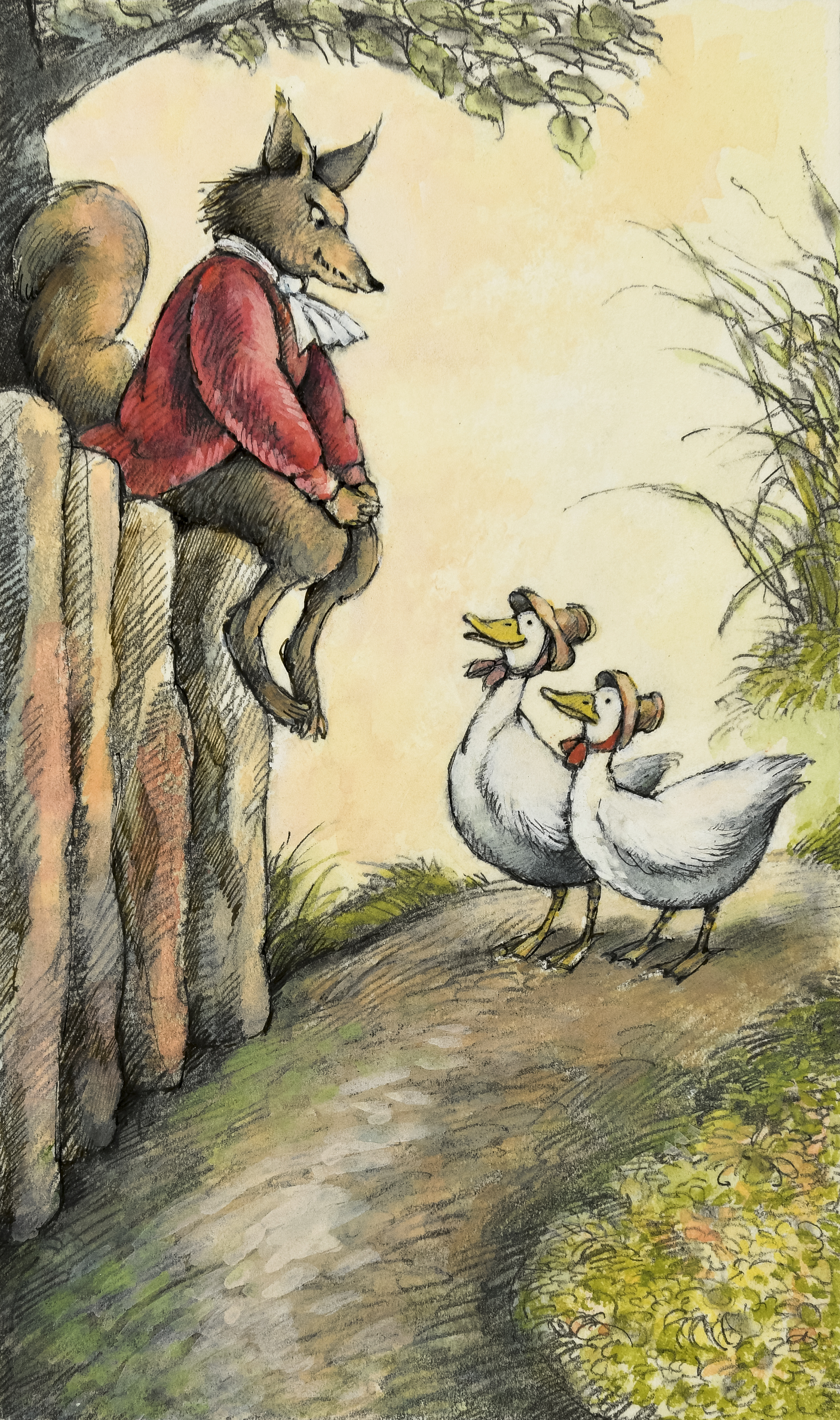 Illustration of fox sitting on fence talking to geese. 