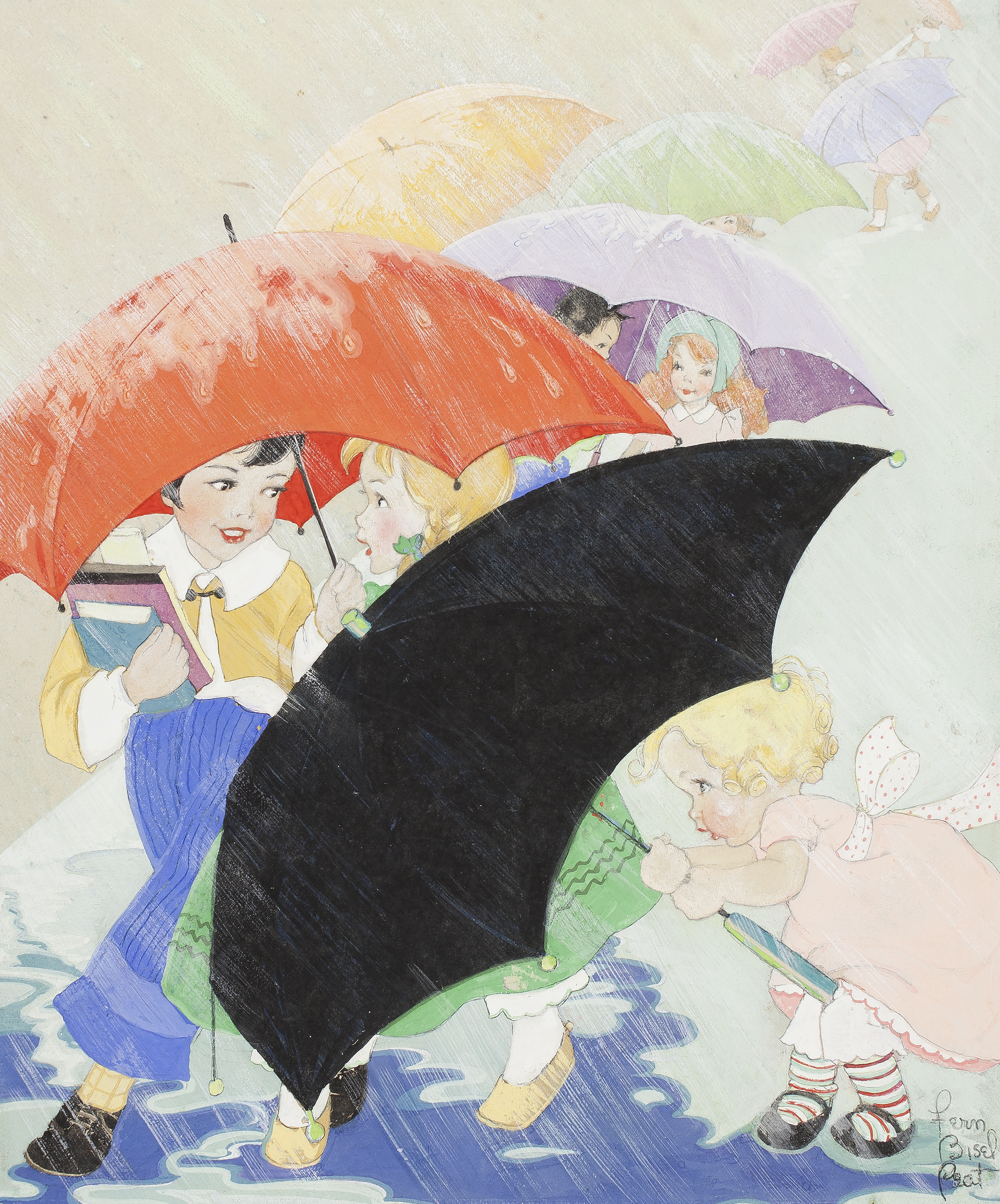 Illustration of girls hiding under umbrellas in rain storm. 