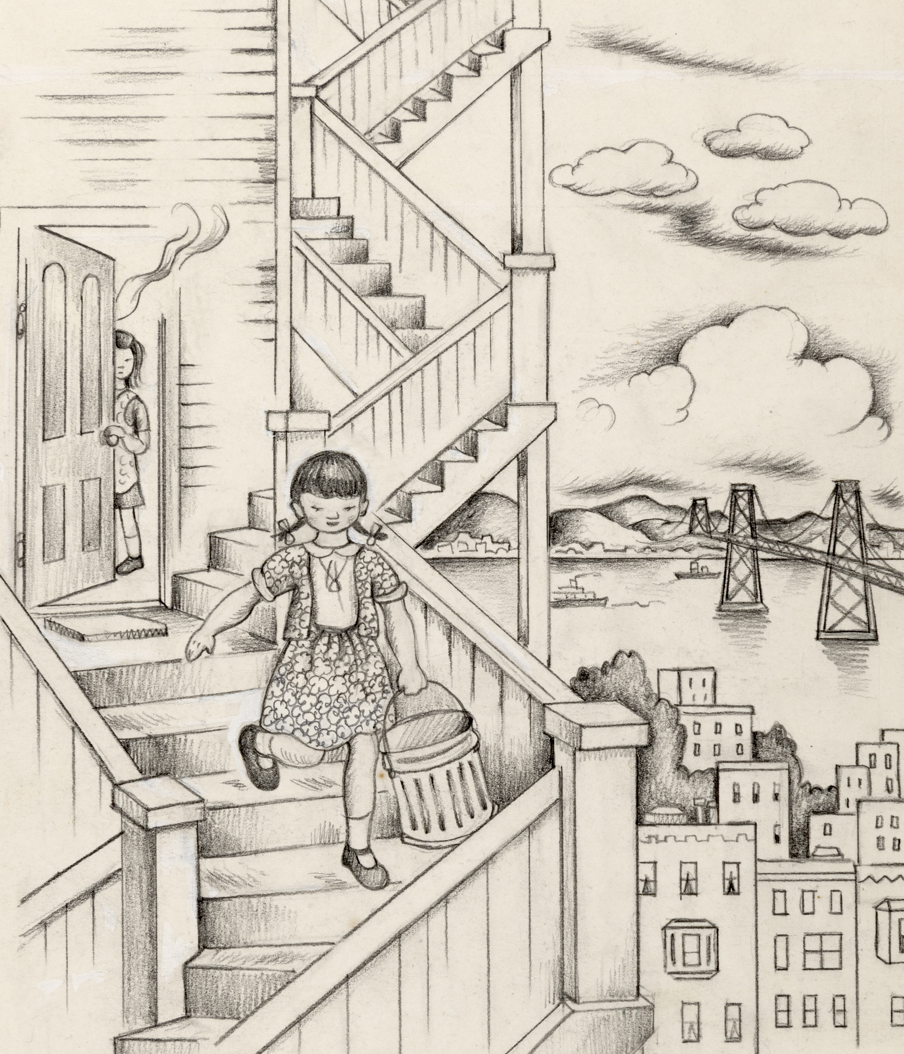 Illustration of two girls walking down open staircase. 