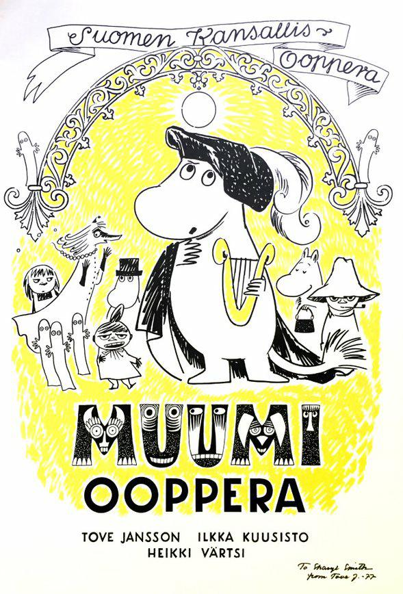 Moomin poster illustration with the words "Mutmi Ooppera" at the bottom