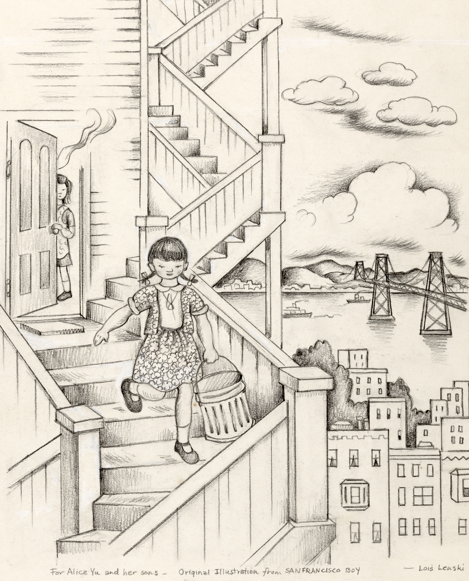 Illustration of girl on staircase of apartment building in San Francisco. 