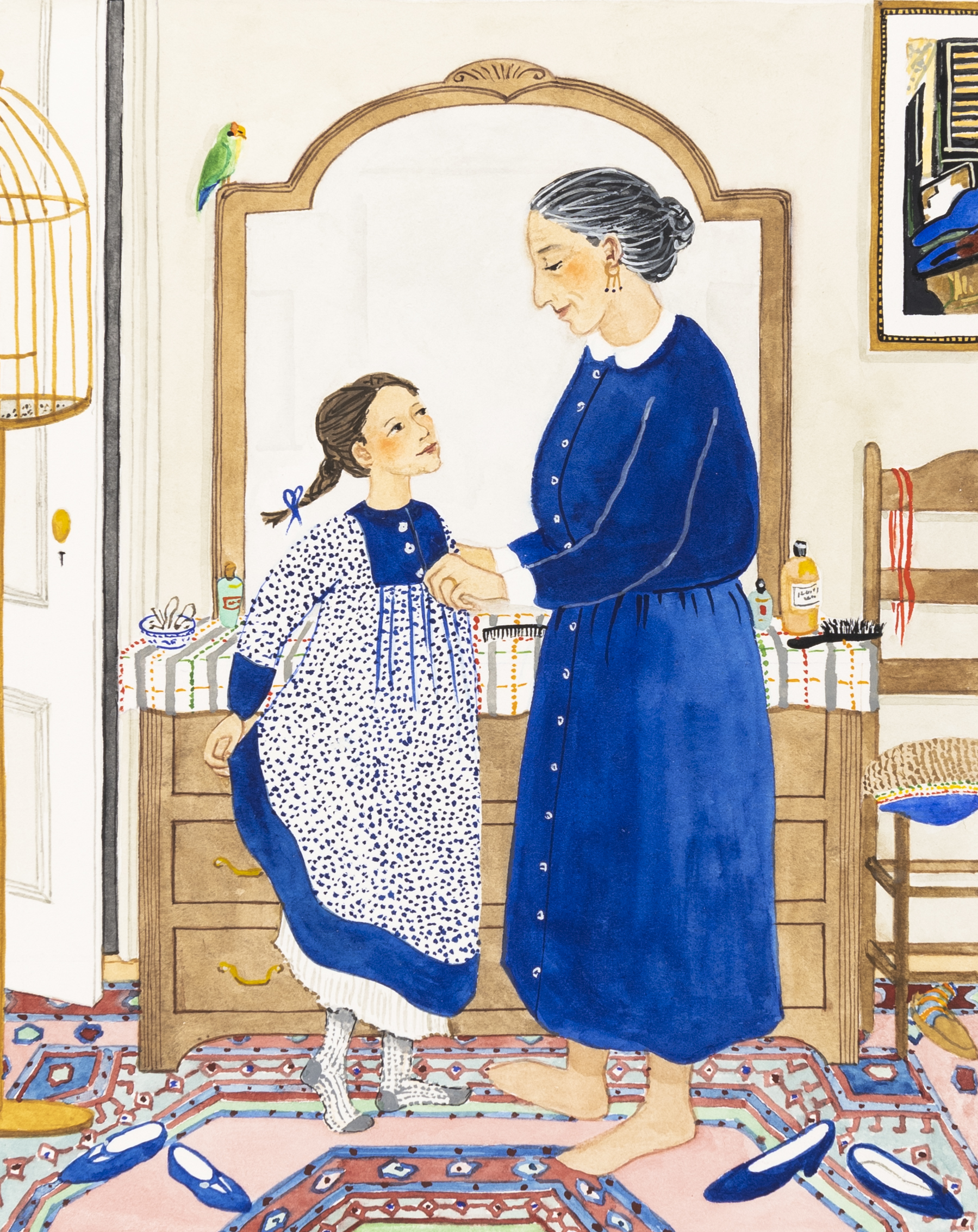 Illustration of girl in blue dress with nana. 