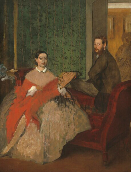 Painting of woman and man sitting in ornate room. 