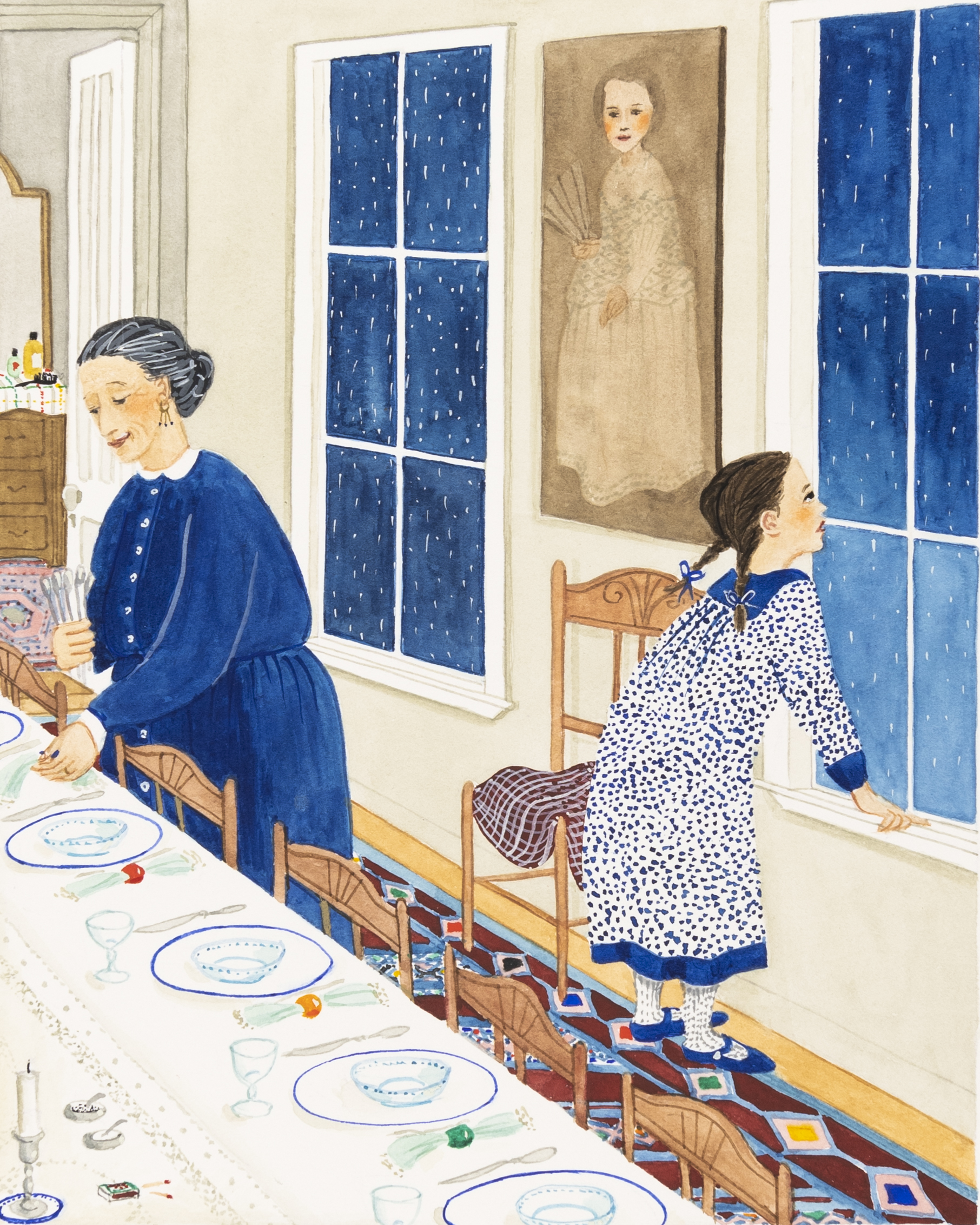 Illustration of woman setting table and girl looking out window. 