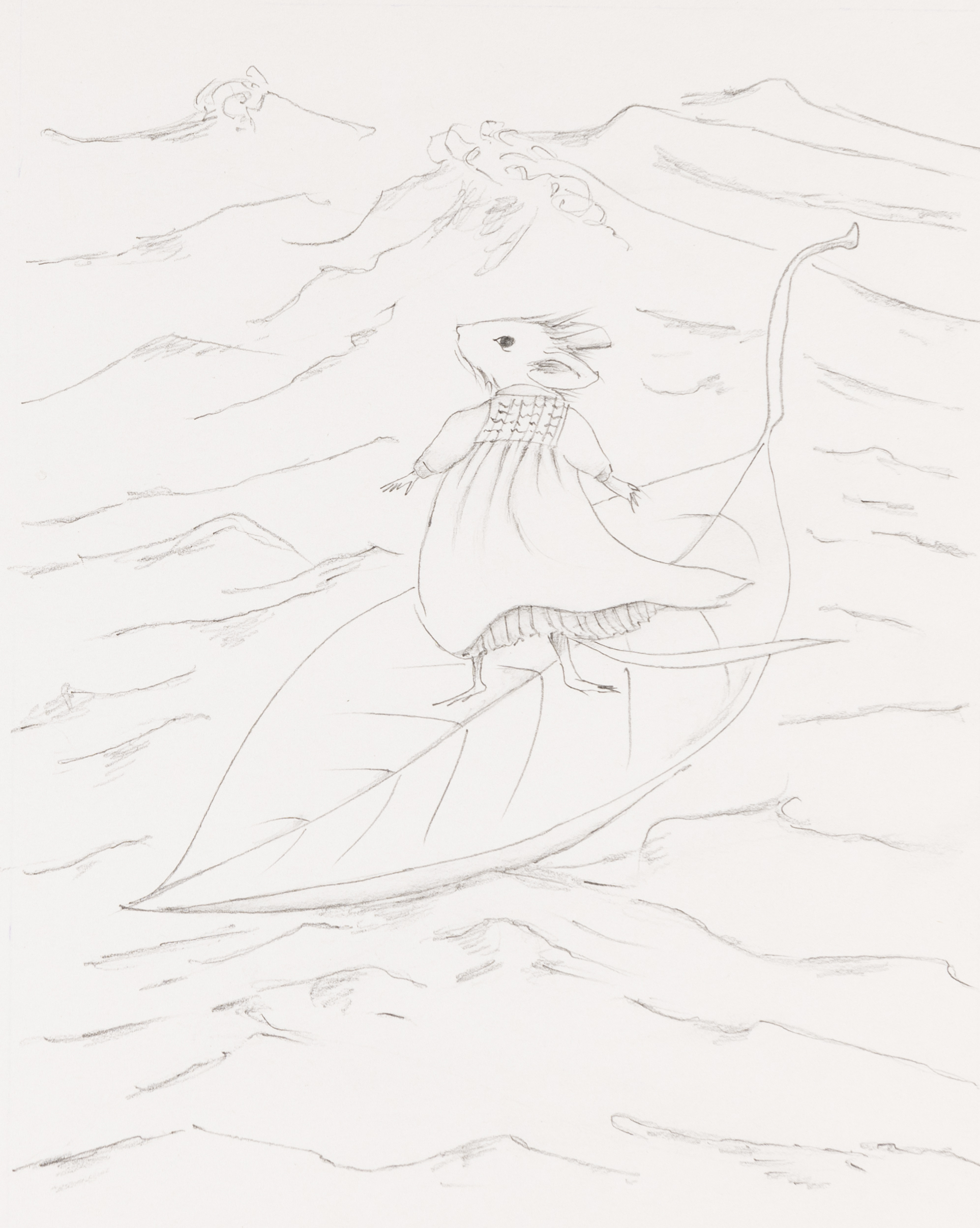 Illustration of mouse riding leaf on water. 