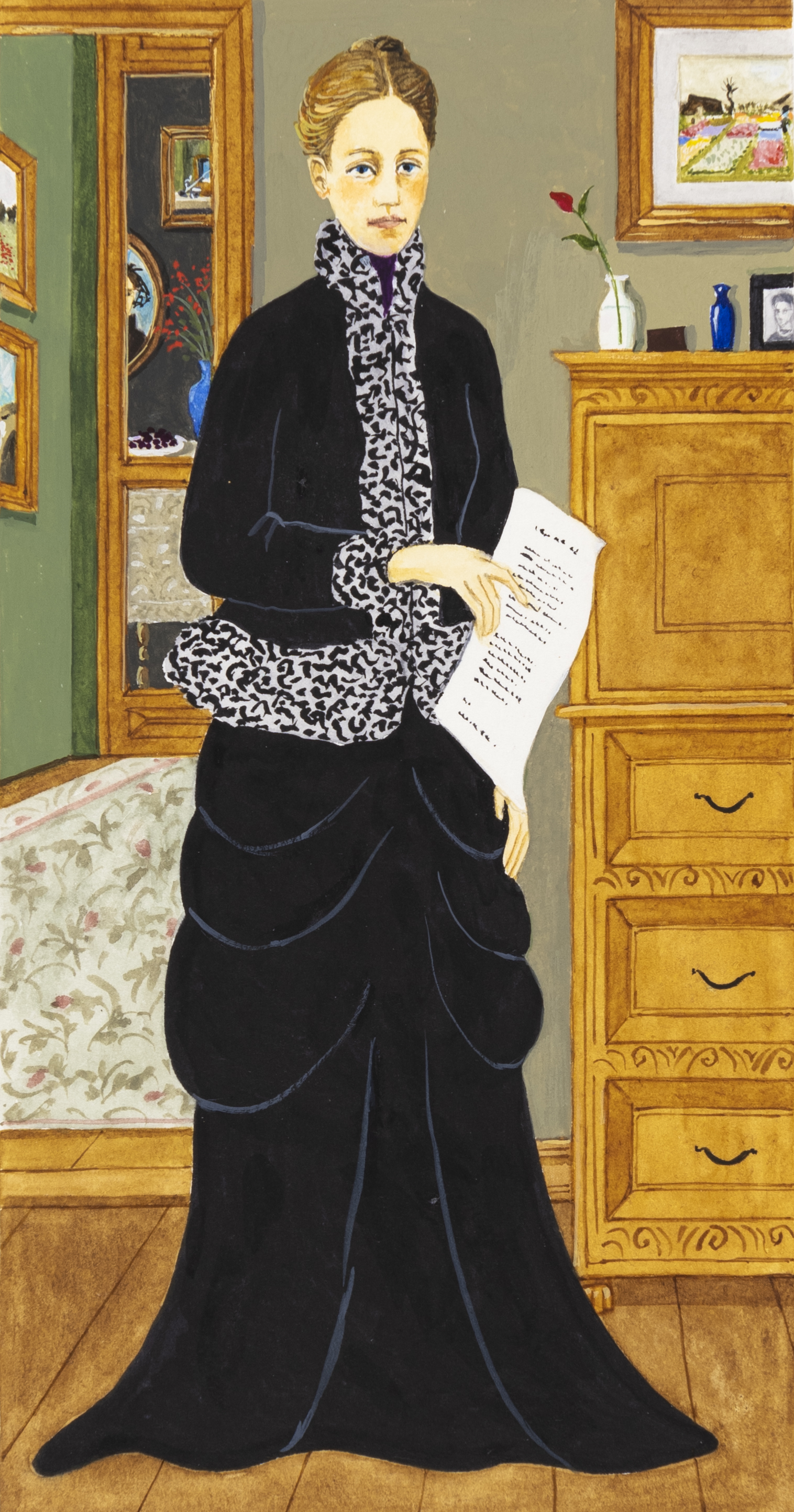 Image of woman in black dress holding letter. 