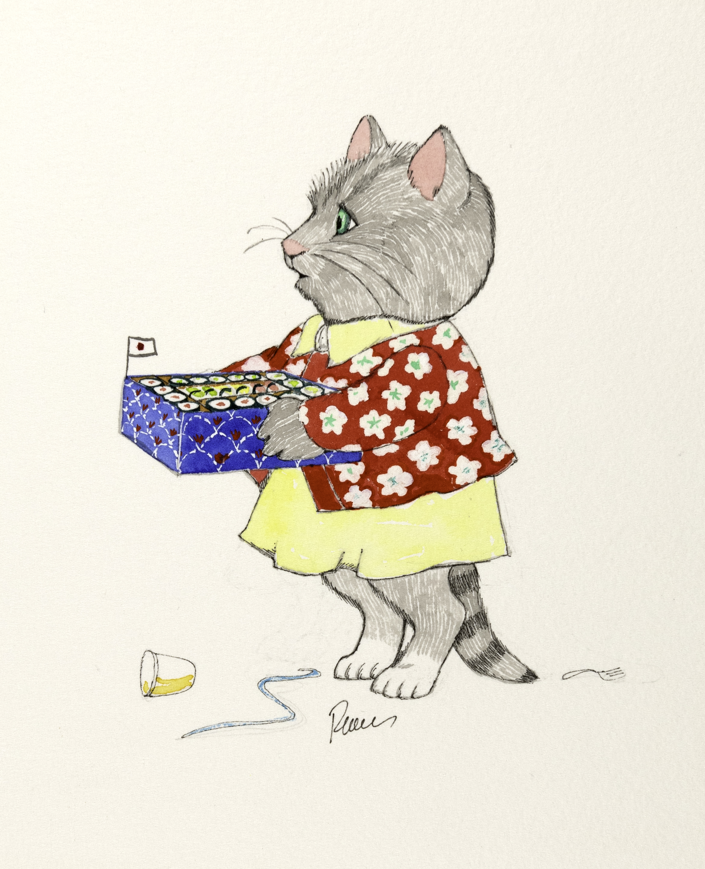 Illustration of cat holding box of chocolates. 
