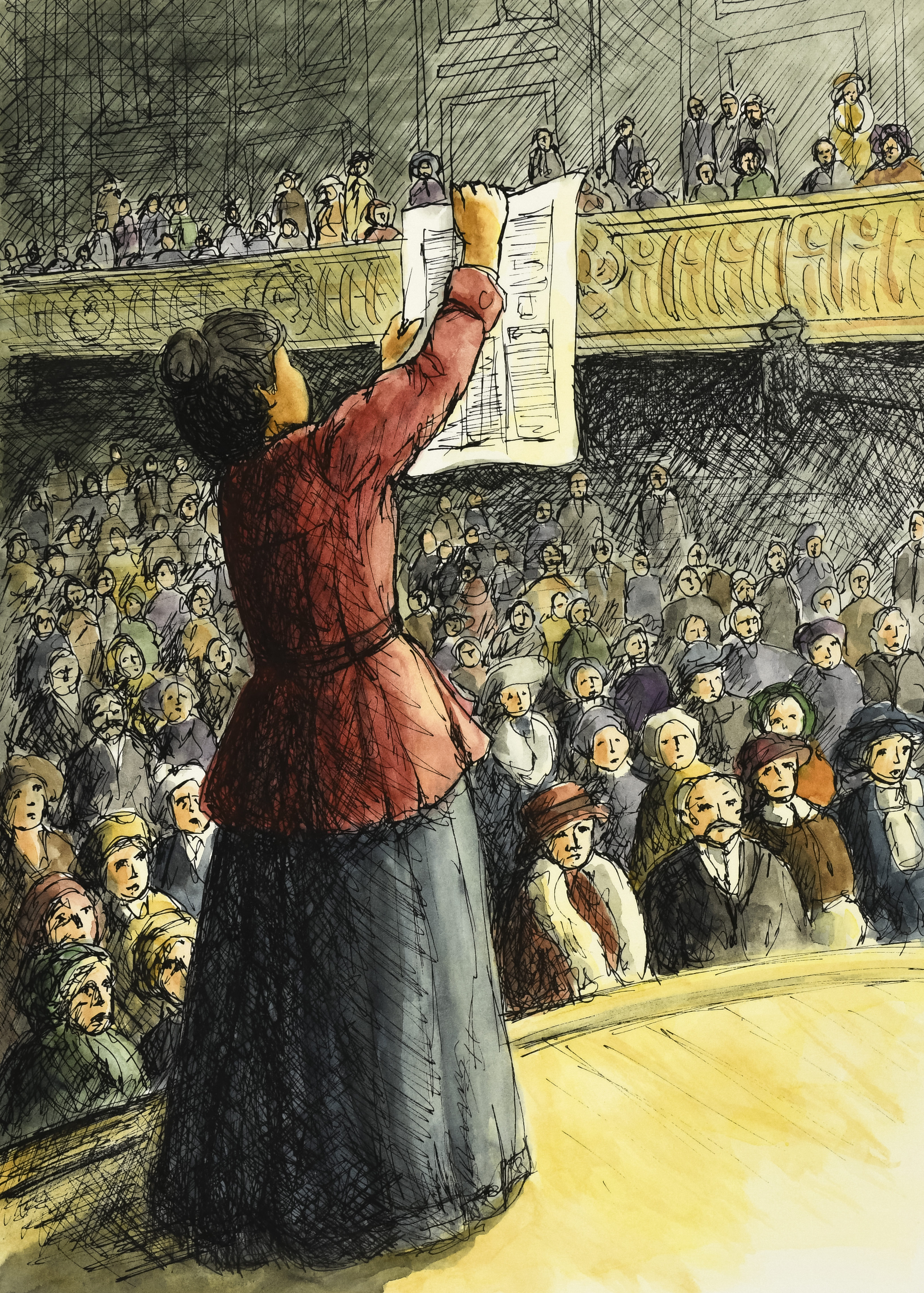 Illustration of woman reading paper to crowd.