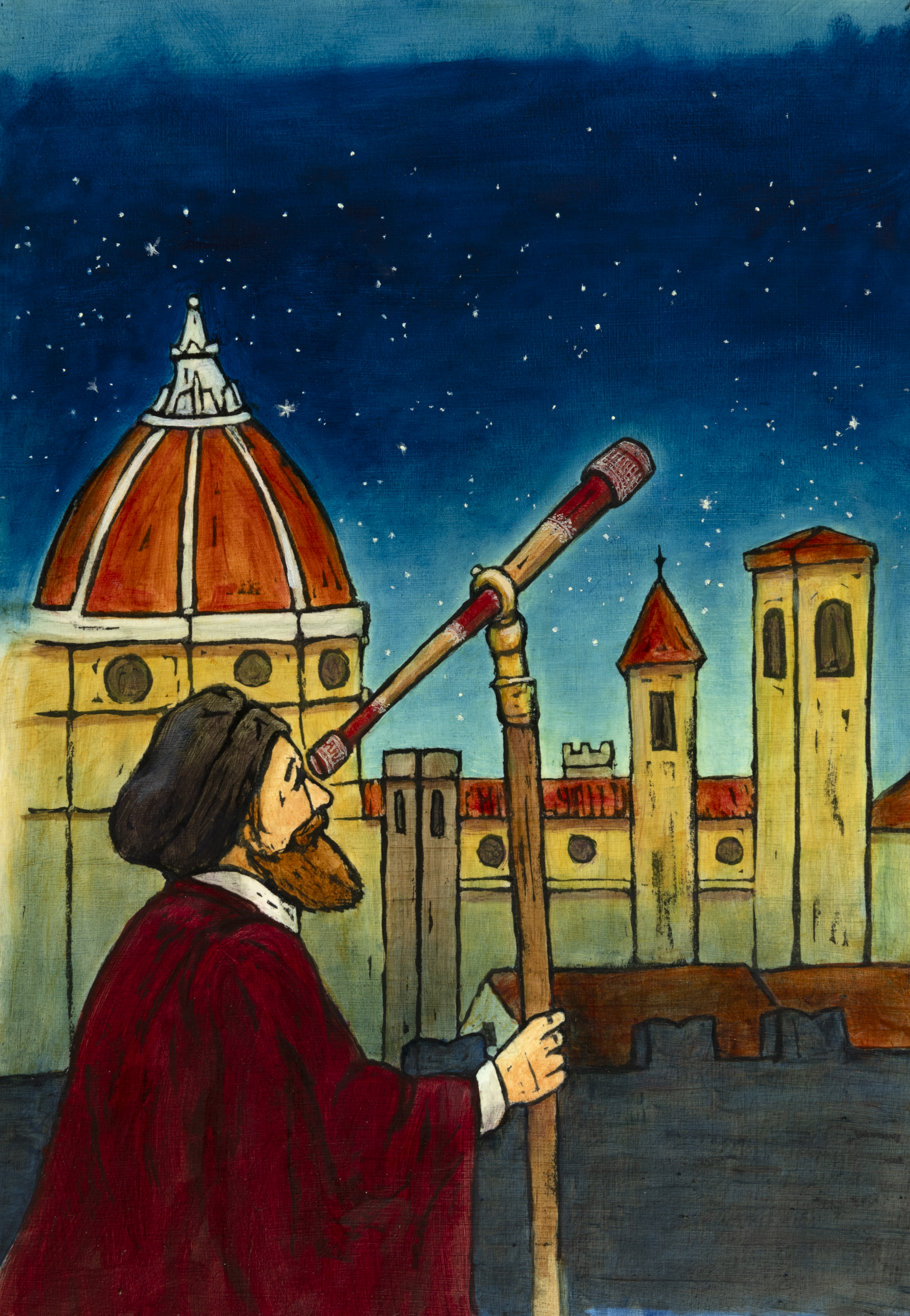 Illustration of man looking through telescope. 