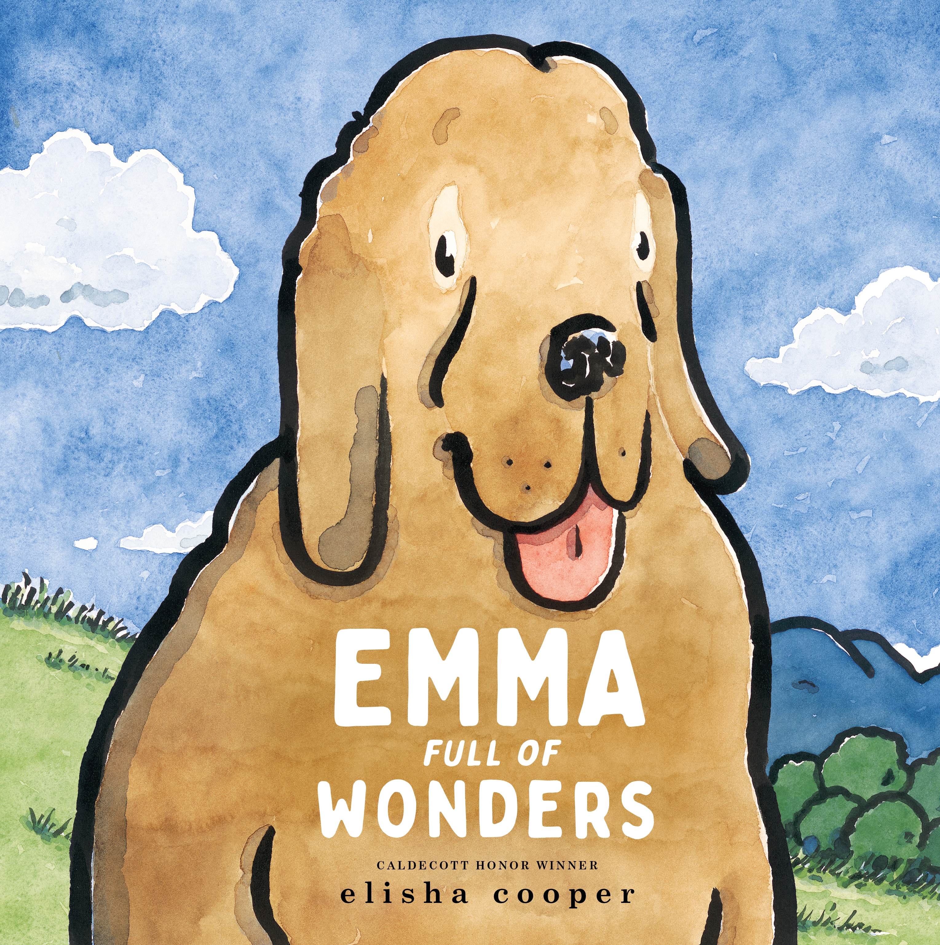 Cover illustration of Emma Full of Wonders, showing a large dog with her tongue hanging out of her mouth, with sky, clouds, grass, and trees in the background.