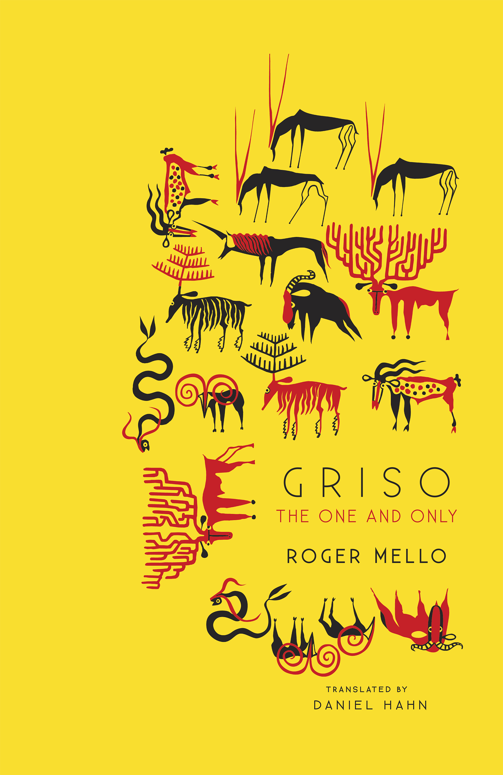 Book jacket of Griso: The One and Only, by Roger Mello, with an assortment of horned animals in red and black against a yellow background.