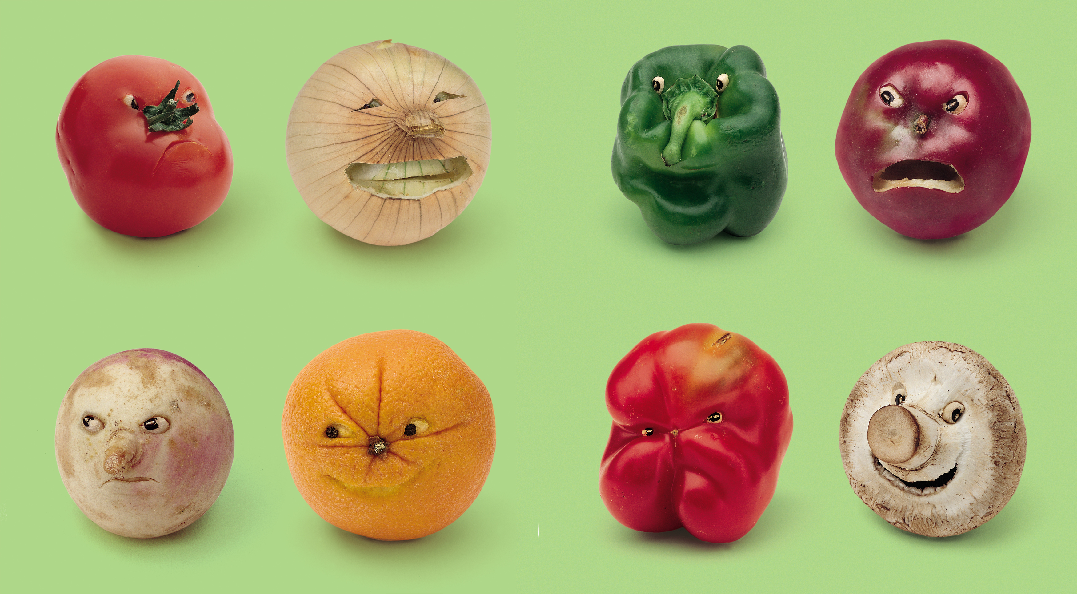 Eight vegetables with faces making different expressions against a green background.