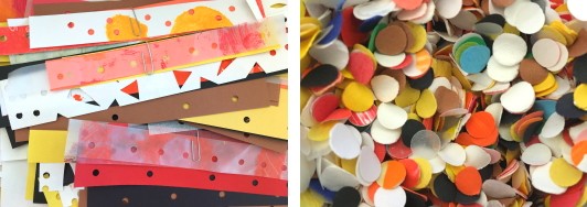 Two images: strips of colorful papers paper-clipped together, a bag filled with colorful hole punches.