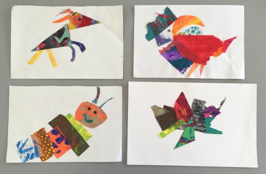 Four collages of different animals- a dog, caterpillar, toucan, and angler fish- made from scrap papers.