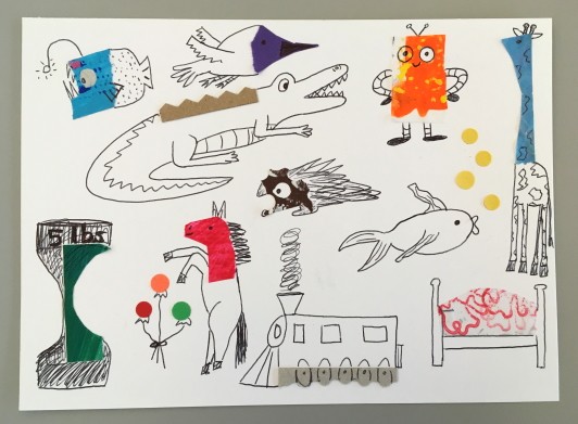 A bunch of drawings using papers as part of the illustration. For example, a rectangle becomes a robot with some pen drawn arms, legs, and eyes.