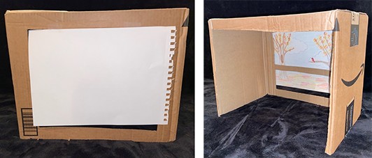 Two images, the first showing a cardboard frame with a piece of blank paper inside, the second shows a four-sided, free-standing cardboard frame with an outdoor scene drawn on the paper. 