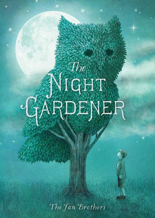 Cover image of the book The Night Gardener showing a large owl topiary in front of a night sky.