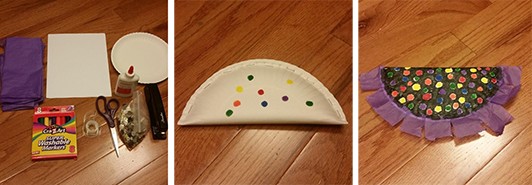 A series of three images: the first shows materials such as glue, scissors, and markers, the second shows a paper plate folded in half and stapled closed, the thir image shows a paper plate folded and stapled with polka dot decorations.