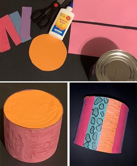 A series of three images showing a drum being made from a tin can and paper. 