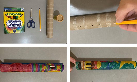 A series of four images showing a cardboard tube transformed into a flute with brightly colored drawings all around. 